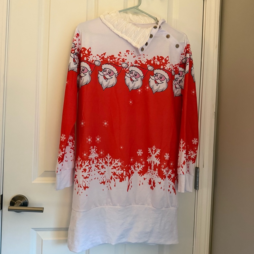 Red and White Santa Dress. XXL. Used. Sweater collar detail with buttons.